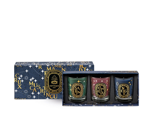Sapin (Pine Tree), Neige (Snow), Étincelles (Spark) - Set of 3 small holiday candles