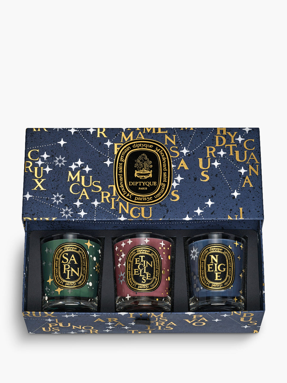 Sapin (Pine Tree), Neige (Snow), Étincelles (Spark) - Set of 3 small holiday candles
